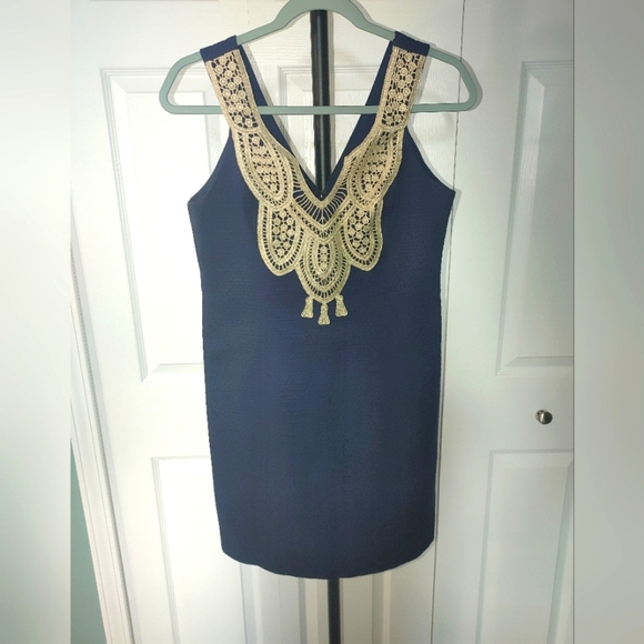 Lilly Pulitzer Elegant Navy Blue Dress with Gold Lace Detail Size Small NWOT - Picture 1 of 10